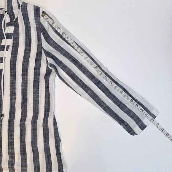 209 wst 38 Linen Cotton Top White Grey Stripes Drawstring Hoodie Blouse sz 6 EUC - Picture 8 of 11
